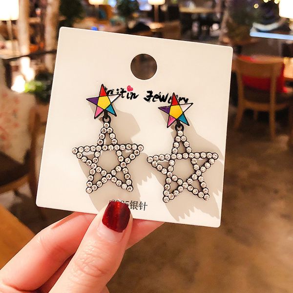 

silver needle exaggeration rhinestones pentagram korea temperament long drop earrings for women fashion jewelry accessories