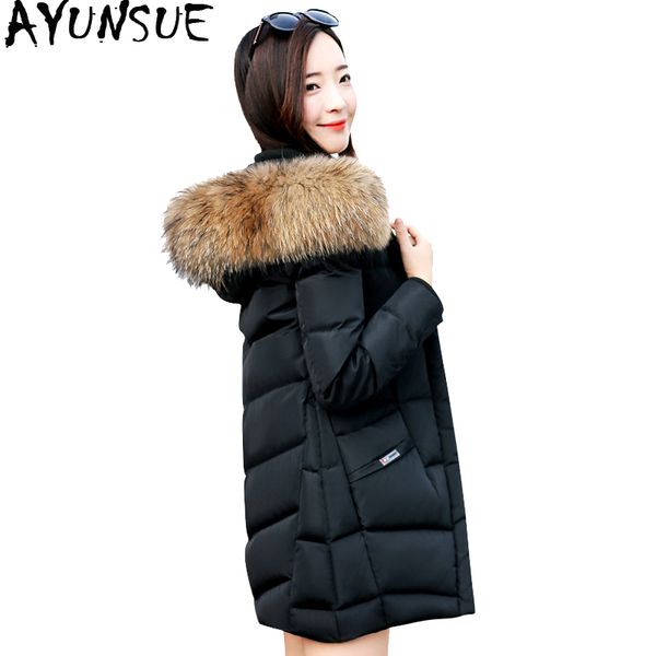 

ayunsue duck down jackets winter coat women real raccoon fur collar long coats korean parkas mujer 2019 chaqueta mujer my1487, Black
