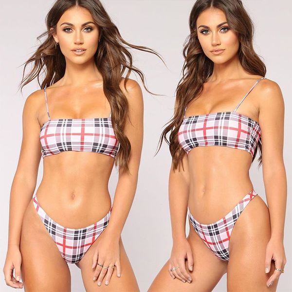

2019 two piece grid bandage swimsuit women solid swimwear female beachwear bathing suit summer swim suit monokini beach wear bikini