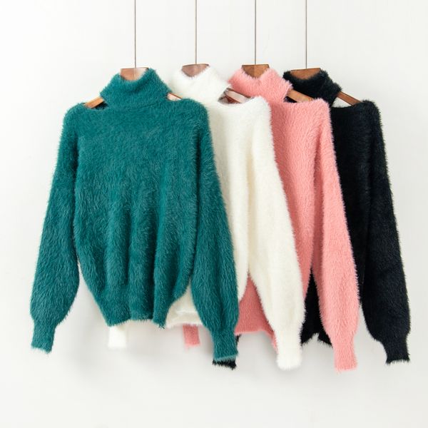 

cashmere sweater women pullover knitted sweater scarf collar long sleeve off shoulder jumpers lantern sleeve solid 2020, White;black