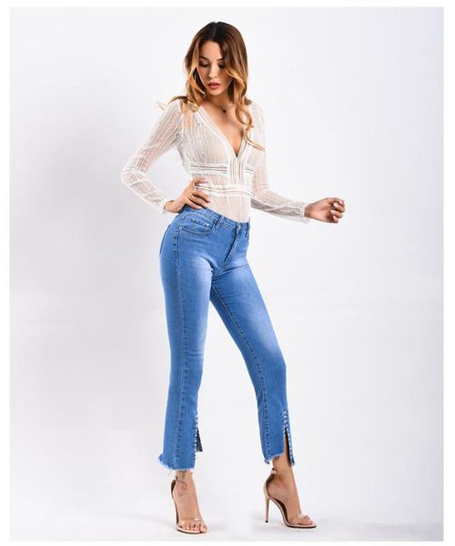 

women slim elastic ripped retro womens flare jean ankle-length korean style bell bottom denim pants f848, Blue