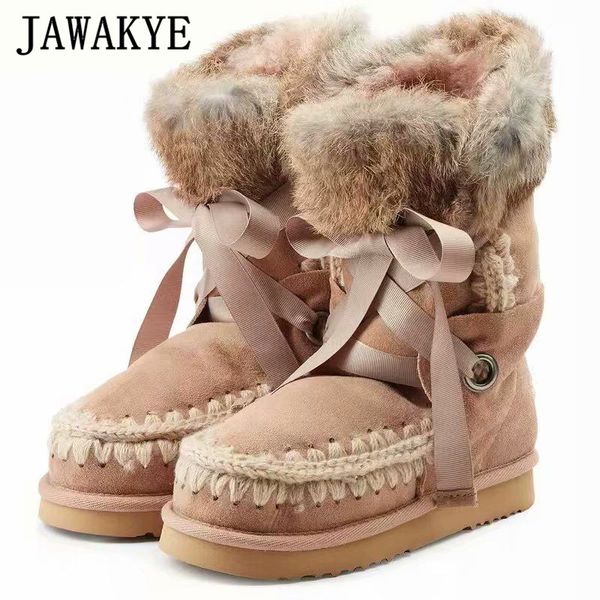 

natural fur platform boots women cross tied tooth suture mid-calf winter shoes round toe warm short boots for women brown black
