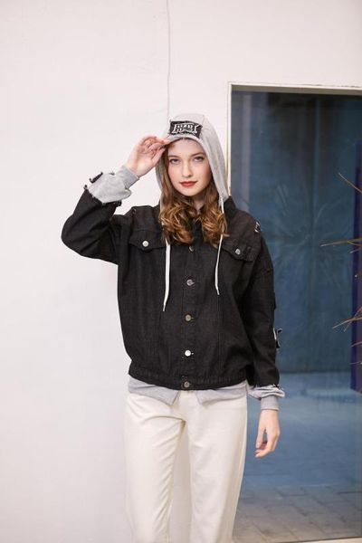 

women's jackets denim jacket women 2021 spring autumn wild fake two-piece stitching shirt fashion warm hooded girls coat large, Black;brown