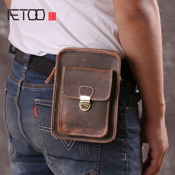 

aetoo men's mini bag, one-shoulder slant vertical retro leather bag, portable small waist bag