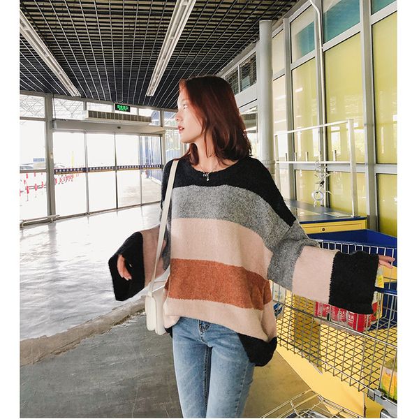 

my020 sweater women new winter 2018 knitted korean loose color stripe sweater female pullover o-neck long sleeve sexy, White;black