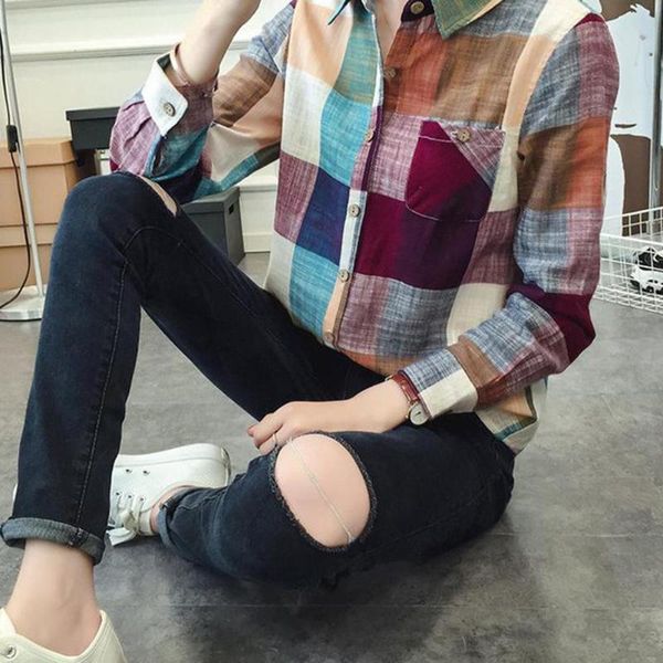 

women casual long sleeve turn down collar pocket slim cotton linen plaid shirt perfect gifts for women, White