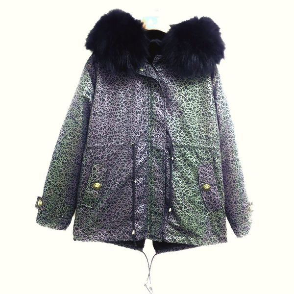 

laser geometry mens parka winter coats raccoon fur collar coat with zipper casual spring with hoodies plus size, Black