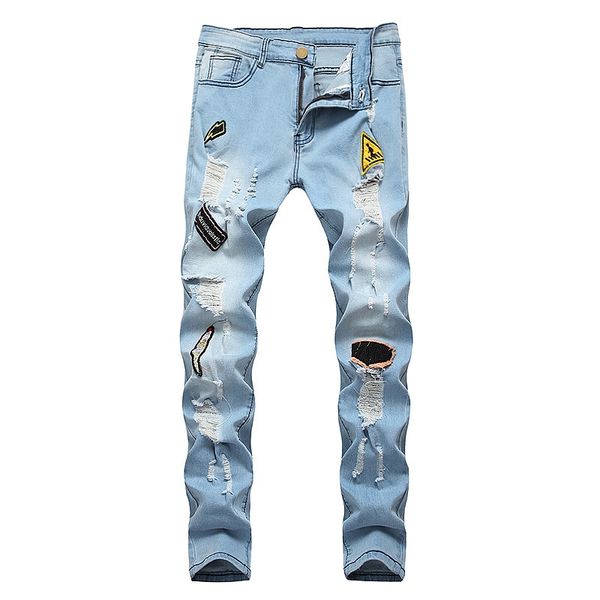 

men jeans pencil pants long trousers hole street dress casual fashion hip hop denim washed high-end youth blue men moownuc mwc