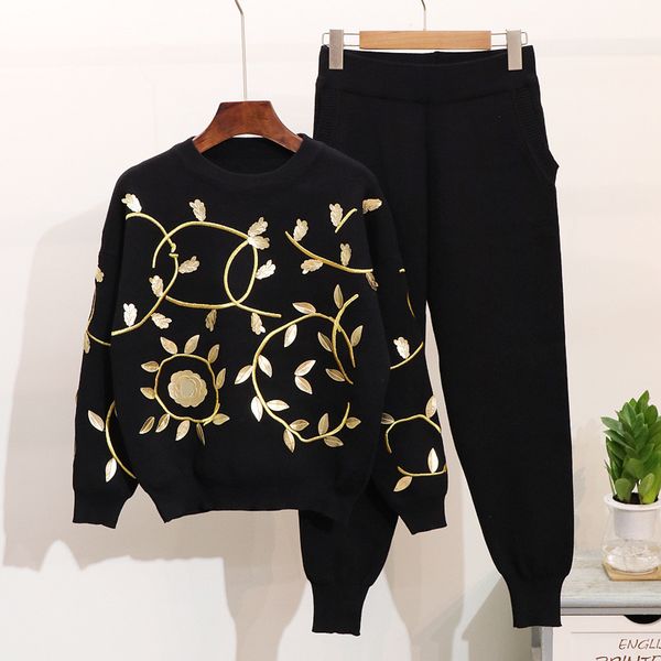 

2020 new fashion autumn winter women's golden-leaf embroidered knitted sweater + leisure pants two-piece leisure pants suit, Gray