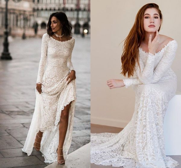 

Vintage A-line Lace Modest Wedding Dress With Long Sleeve Simple Boho Wedding Dress Full Lace Bohemian Country Wedding Gowns robe de mariée