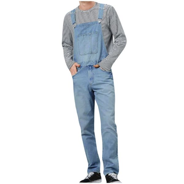 

vogue nice fashion men's solid color denim washed straps jumpsuit autumn and winter wild self-cultivation pants, Blue