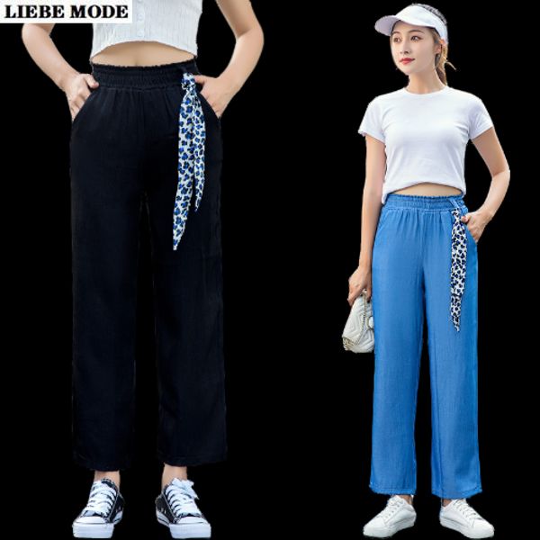 

2020 summer tencel sheer wide leg jeans women high elastic waist straight ankle length mom denim pants streetwear plus size, Blue