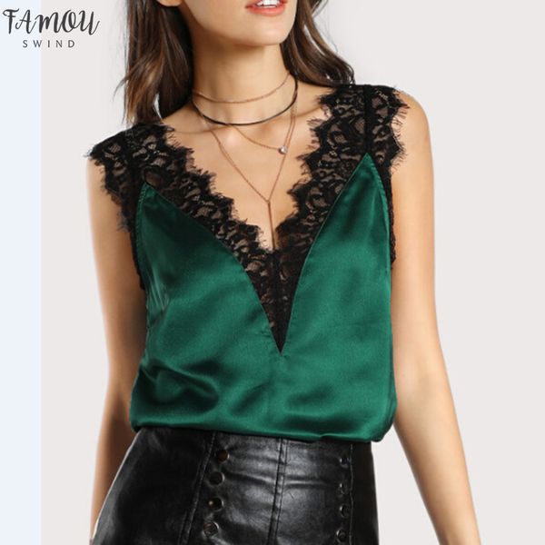 

new 2020 satin lace blouses shirts summer v neck crop women loose sleeveless camis casual blouse shirt, White
