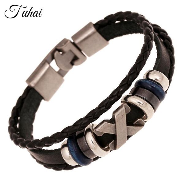 

multilayer leather buckle beads charms bracelet for men vintage punk cross braided bracelets&bangles bijoux, Golden;silver