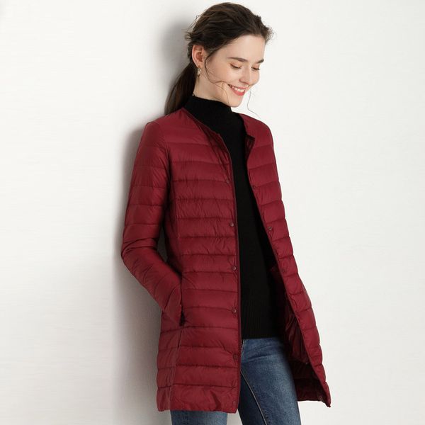 

2019 new women ultra light down jackets winter o-neck long slim down coats warm lightweight solid color casual plus size coats, Black