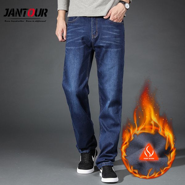 

warm fleece jeans mens winter velvet jean trousers flocking warm soft men pants 40 42 44 large size, Blue