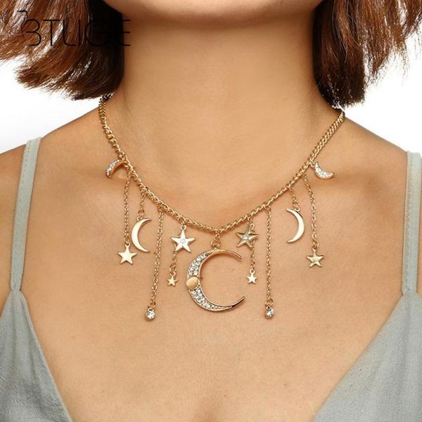 

fashion women simple double layer star moon pendant gold silver necklace rhinestonr crystal chain necklaces jewelry, Golden;silver