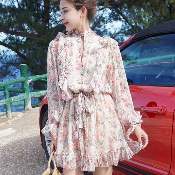 

floral print bow sweet ruffle chiffon jumpsuits rompers women casual lace up elegant buttons fairy maiden summer short jumpsuit, Black;white