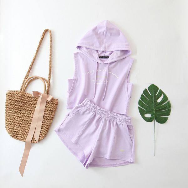 

summer cotton short set women sleeveless hooded crop elastic waist shorts shirt outfit letters print sets xb010, White