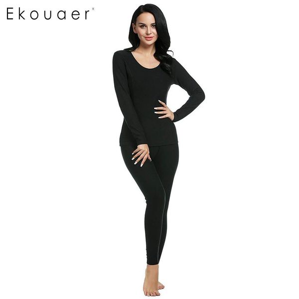 

ekouaer women bottom thermal underwear casual solid o-neck long sleeve warm thermal underwear set pajamas suits sleepwear, Black;pink