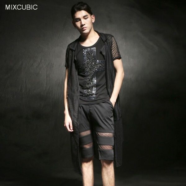 

mixcubic spring summer british style nightclub costumes unique gauze stripes vest men casual black gauze waistcoat for men,m-xl, Black;white