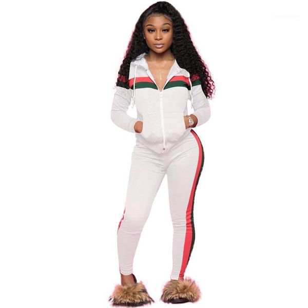

2pcs suits long sleeve stripe womens tracksuits casual panelled plus size womens clothing cardigan hooded women, Gray