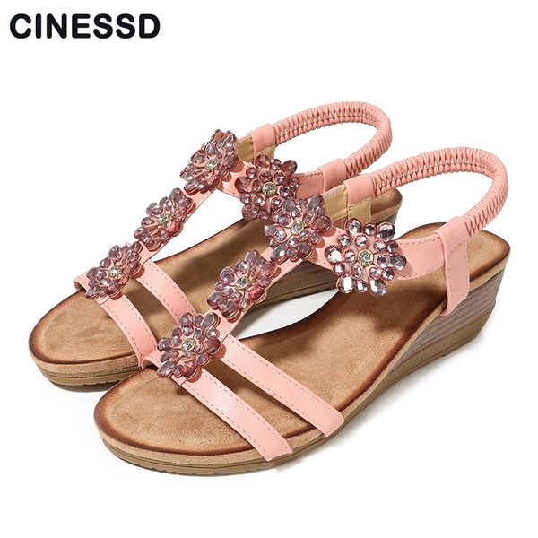 

ladies bohemia wedge sandals vintage rhinestone open toe summer beach dress shoes large size 35-42, Black