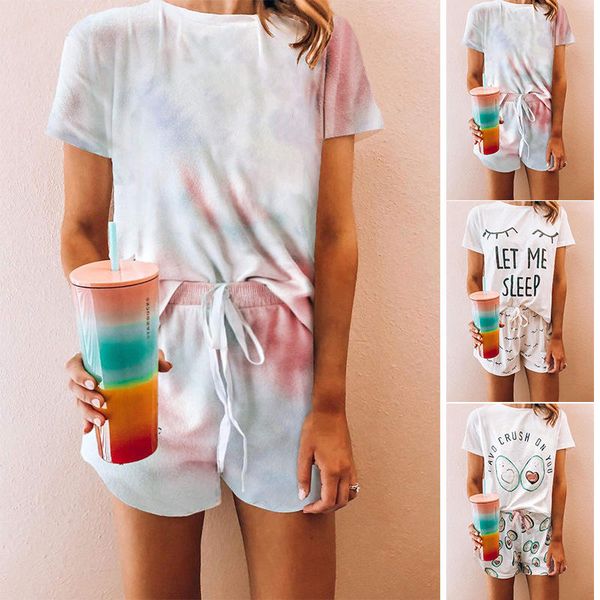 

women's tie-dye two-piece round neck short sleeves shorts home pajamas sets ladies pullover casual loose pajama suit, Black;red