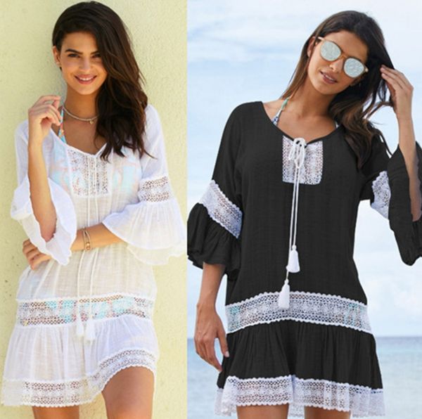 

fokr7 women's bamboo cloth lace drawstring trumpet beach skirt bikini shirt sleeve beach dress bikini blouse seaside holiday sunscreen, White;black