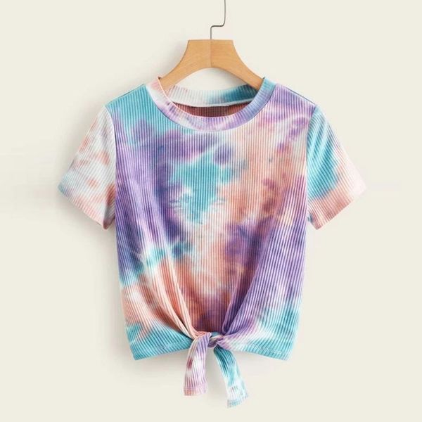 

new women tie-dye summer t shrit fashion twist knot o neck tshirt cut out short sleeve short t-shirt crop camiseta mujer, White