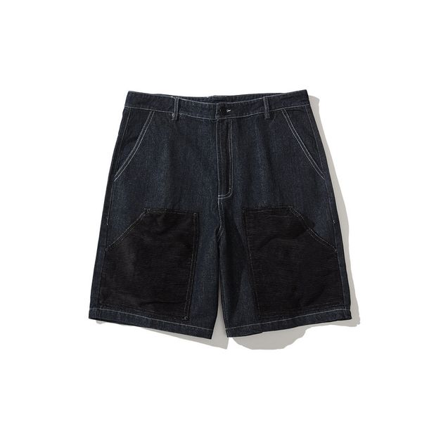 

fashion short jeans retro street trend stitching contrast color wash denim shorts male large size, Blue