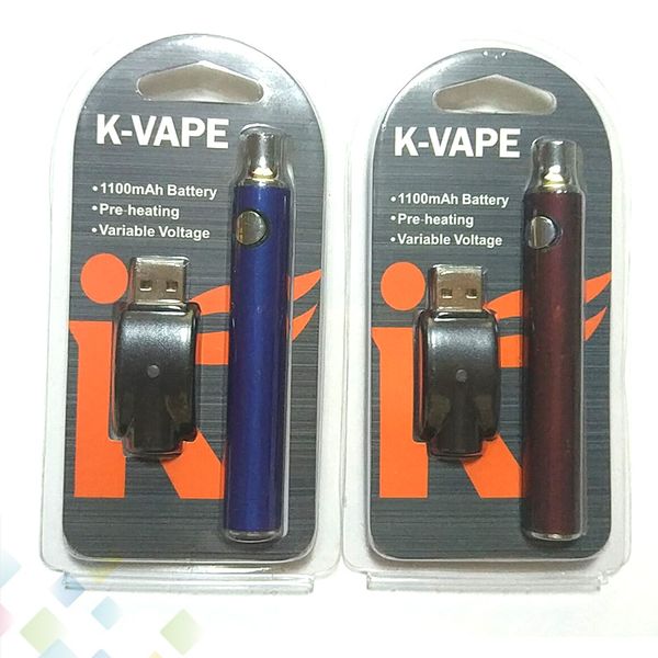 

K-Vape 1100mAh Preheating 510 Vape VV Battery With USB Charger E Cigarette Blister Kit For Thick Oil Cartridge DHL Free