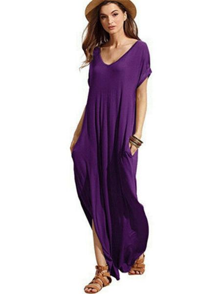 

women maxi loose dress boho casual beach holiday party long sundress summer short sleeve dresses plus size, Black;gray