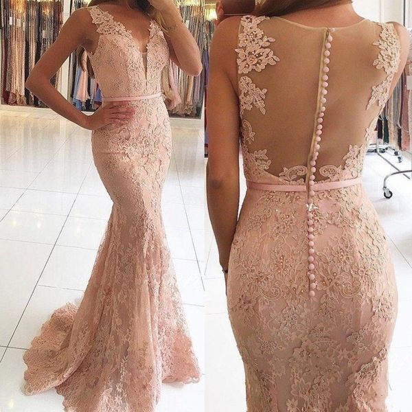 

custom made v-neck evening dresses lace appliques beaded blush pink mermaid long sheer back formal party dress prom gowns, Black;red