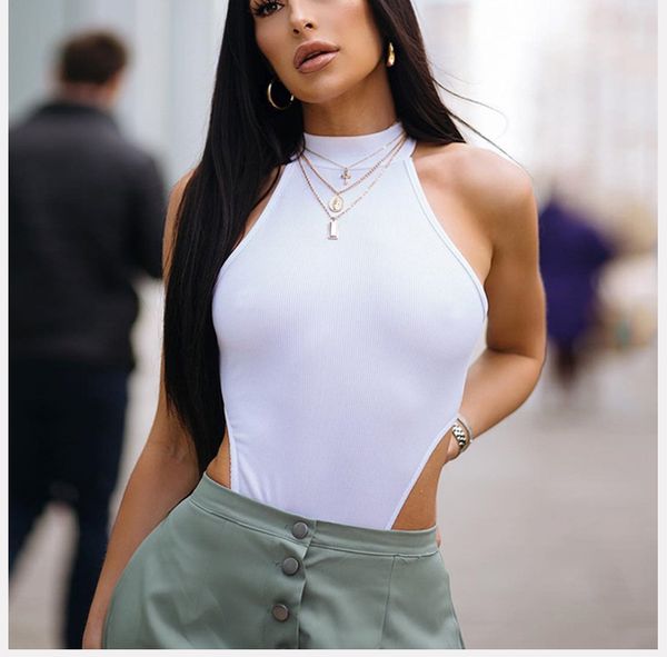 

halter ribbed knit neon women bodysuit corrugated sleeveless high waist bodycon jumpsuit ladies streetwear casual skinny romper, Black;white