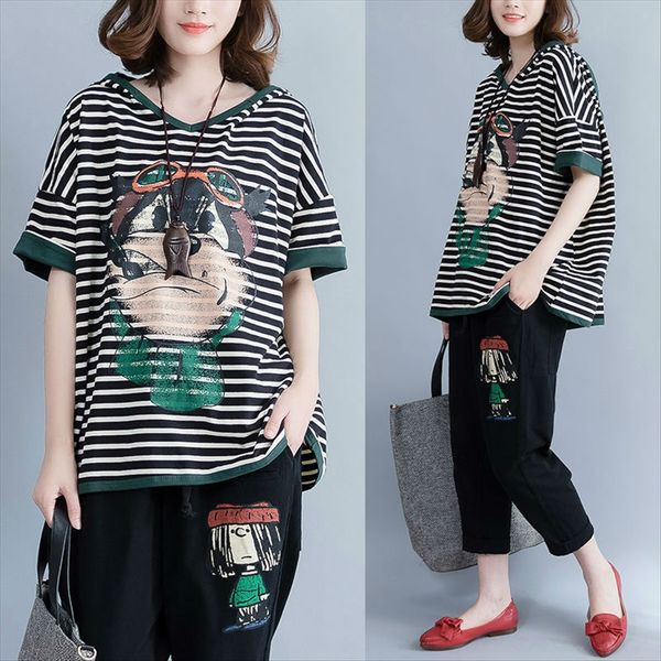

added fat and enlarged size women's striped t-shirt 2020 loose slim v-neck short t-shirt sleeve all-match, White