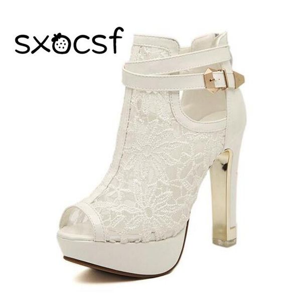 

плюс размер 35-42 мода peep toe сандалии сексуальных женщин платформы насосы lace mesh толстые высокие каблуки обуви голеностопного загрузоч, Black