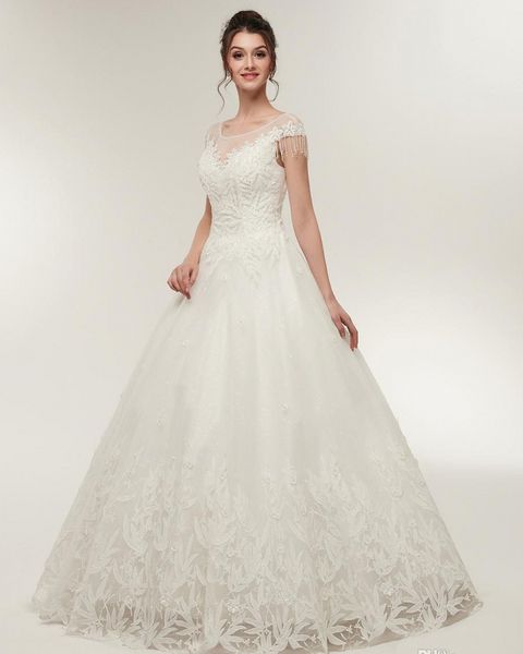 

modern white wedding dresses o neck with appliques short sleeves a line tulle edge with lace long bride dresses for women wedding dresses