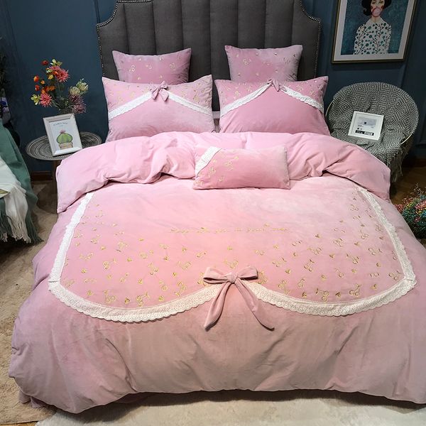 Meninas Conjunto de Rosa Conjunto de Princesa Bow Winter Worm Thcik Fleece Rei Queen Size Moderno 4 Pcs Duvet Cover Cama Folha de Cama