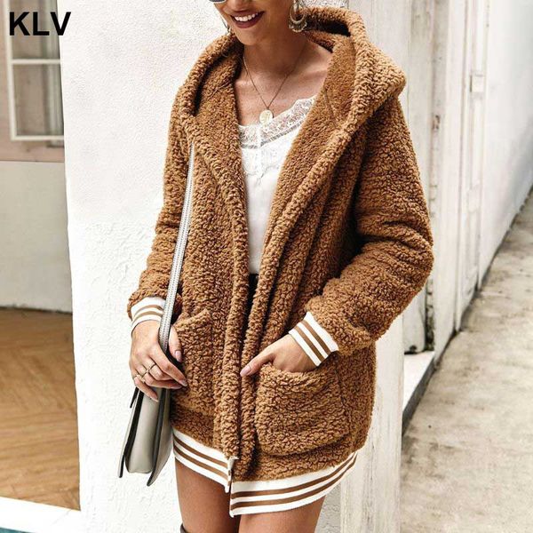 

women 2019 autumn faux fur fluffy fleece front open coat jacket big pockets hooded oversized casual warm overcoat t3lc, Black;brown