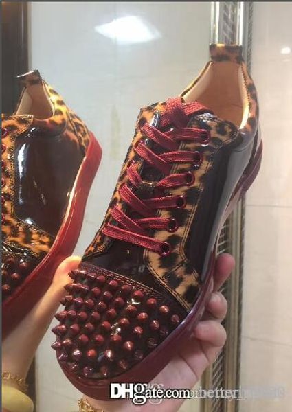 

super quality wine red bottom men sneakers low cut leopard patent leather spiked sneaker,famous brand red sole junior men flat shoes, Black