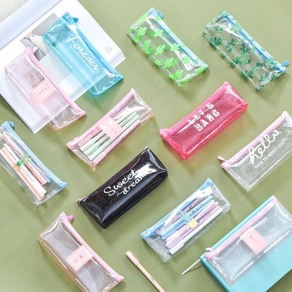

l131 korea simple small fresh pink transparent stationery pen bag cartoon small animal large capacity pen box wholesale