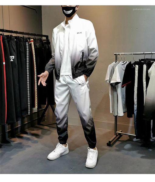 

males sport casual sets teenagers gradient color spring trucksuits 2pcs designer mens zipper fly stand collar suits, Gray