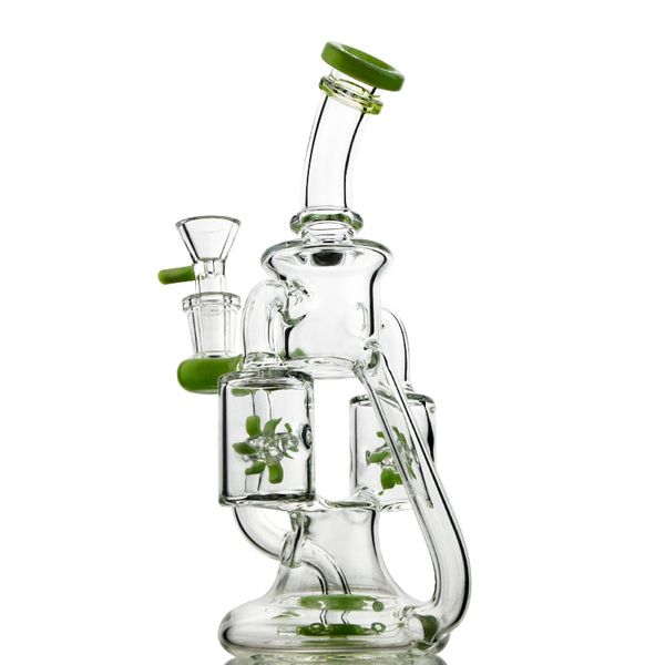 Bong in vetro inebriante Doppio riciclatore Tubi dell'acqua Elica Perc con ciotola Bocchino a collo piegato 14mm Giunto femmina Olio Dab Rigs