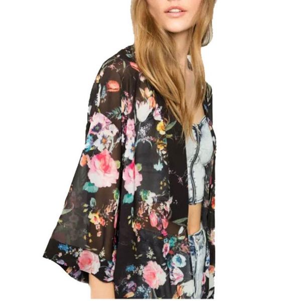 

women printed chiffon cardigan cover up blouse summer beach dress trim bikini swimsuit 456 hot