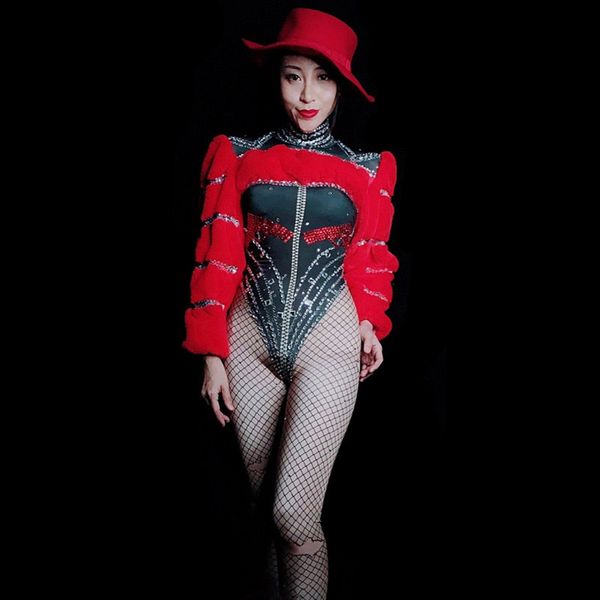 

stage costume red fur black rhinestones skinny jumpsuit nightclub women singer performance bodysuit party dance outfits dt978, Black;red