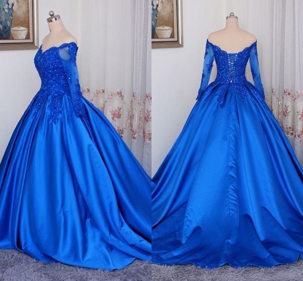 

lace ball gown prom dresses off the shoulder illusion long sleeve applique beaded draped lace-up graduation dress 8th grade 2019 evening, Black