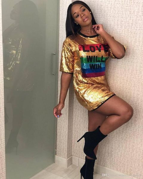 

sequins dresses love will win letter print crew neck short sleeve female clothing fashion style casual apparel womens summer designer, Black;gray