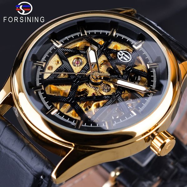 

forsining retro 2019 golden black dial open work clock male luminous hands men's mechanical wrist watches top, Slivery;brown
