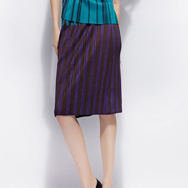 

miyake pleats pleated stripe printed matched half-length skirt women's pleated elastic mid-skirt ing, Black